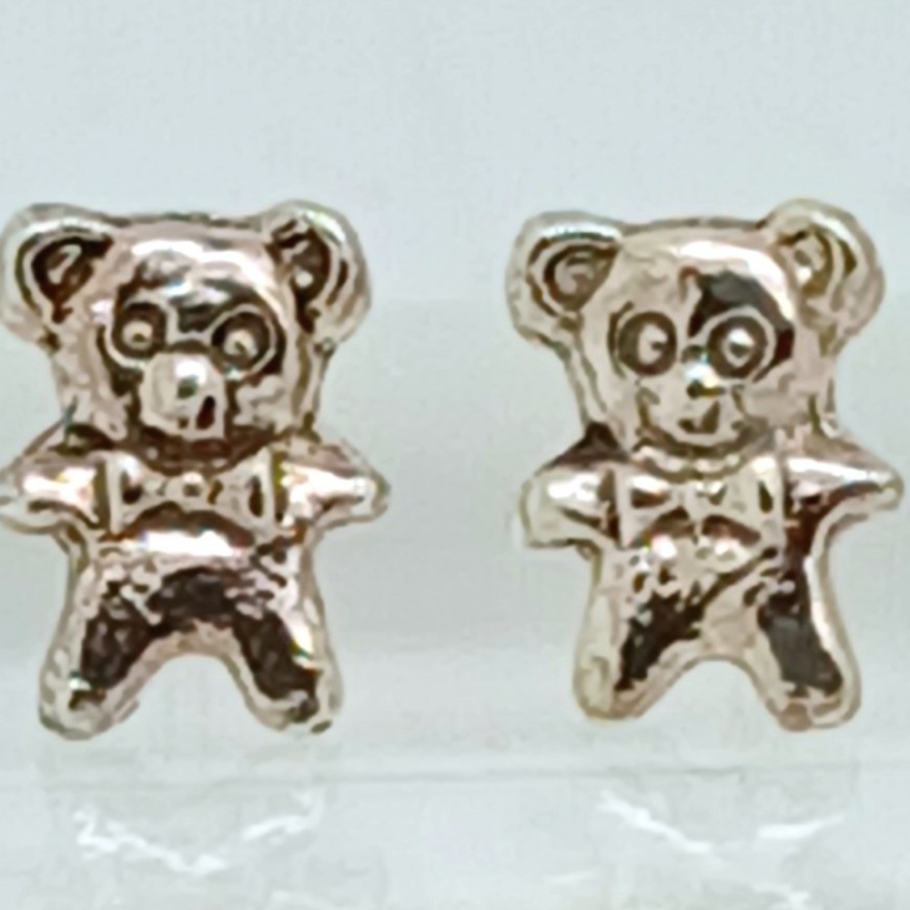 Sterling Silver 925 Teddy Bear Stud Earrings with Bow Tie Vintage Animal Jewelry